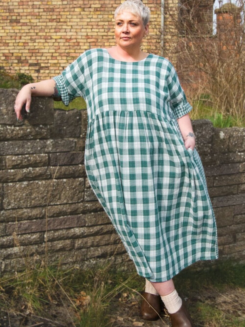 House of Flint Everything reversible dress in green gingham gauze